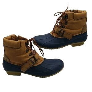 Tommy Hilfiger Women's SZ 8 Duck Boots Brown Blue Low Top Fleece Lined Leather
